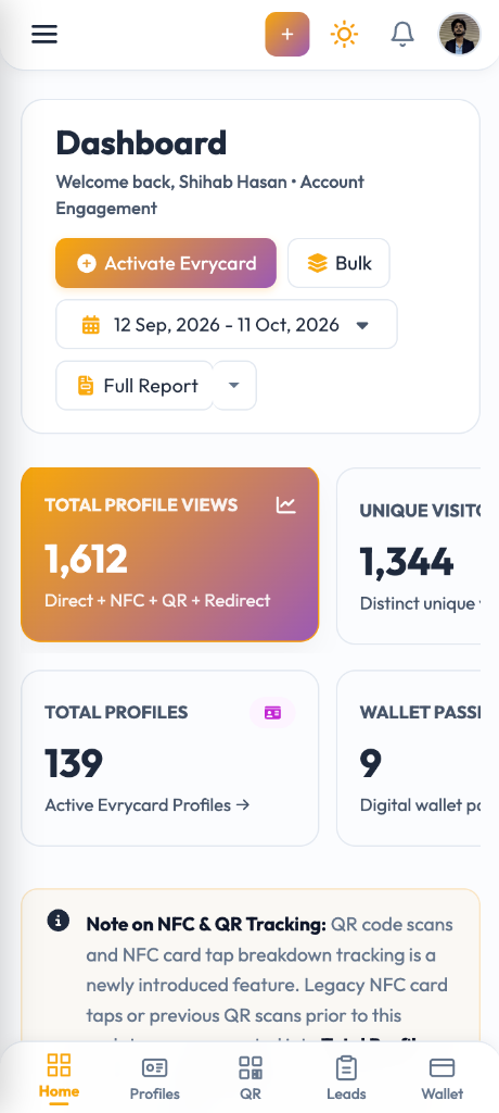 Evrycard mobile app dashboard showing real-time profile views, account engagement, active cardholder profiles, and digital wallet passes