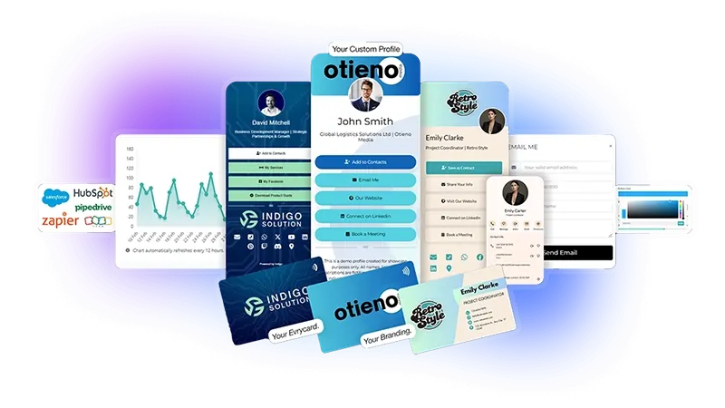 Collection of digital business card designs, mobile profiles, branding layouts, and CRM-integrated smart card samples