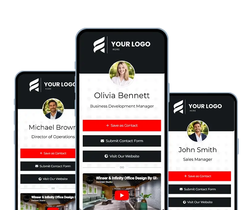 Three Evrycard profile pages displayed on smartphones, showcasing team members Michael Brown, Olivia Bennett, and John Smith with save contact, contact form, and website buttons.