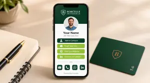 Professional digital business card displayed on an iPhone next to a dark green NFC card, showing one-tap contact buttons and branded company profile for UK professionals and teams.