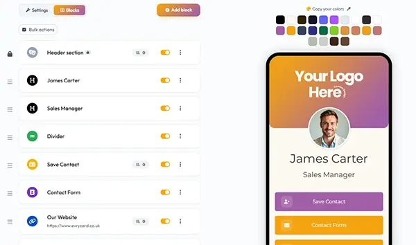 Virtual business card online dashboard and theme customisation studio